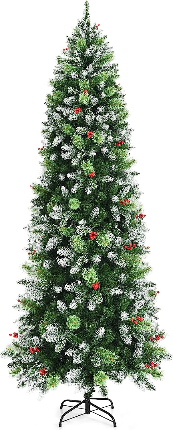 7.5ft Pencil Christmas Tree, Artificial Slim Tree with Snow Sprayed, Metal Stand, Two Types of Tips & Red Berry Clusters, Hinged Unlit - Graceland Home and Living -  - #tag1#