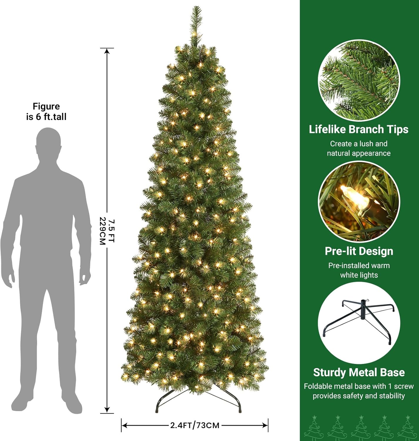 7.5ft Pre-lit Artificial Hinged Slim Pencil Christmas Tree with Warm White Lights, Full Branch Tips - Graceland Home and Living -  