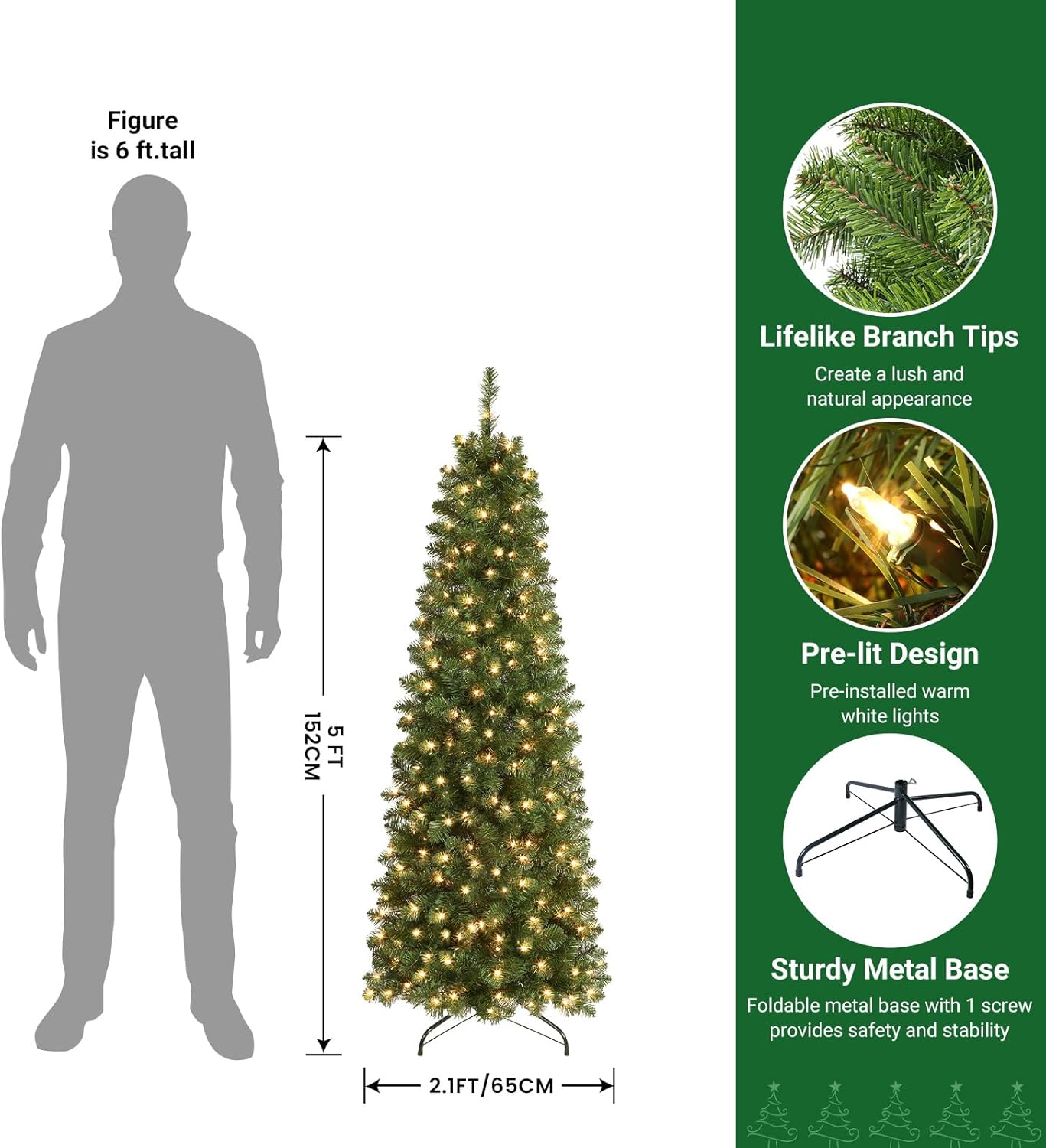 7.5ft Pre-lit Artificial Hinged Slim Pencil Christmas Tree with Warm White Lights, Full Branch Tips - Graceland Home and Living -  