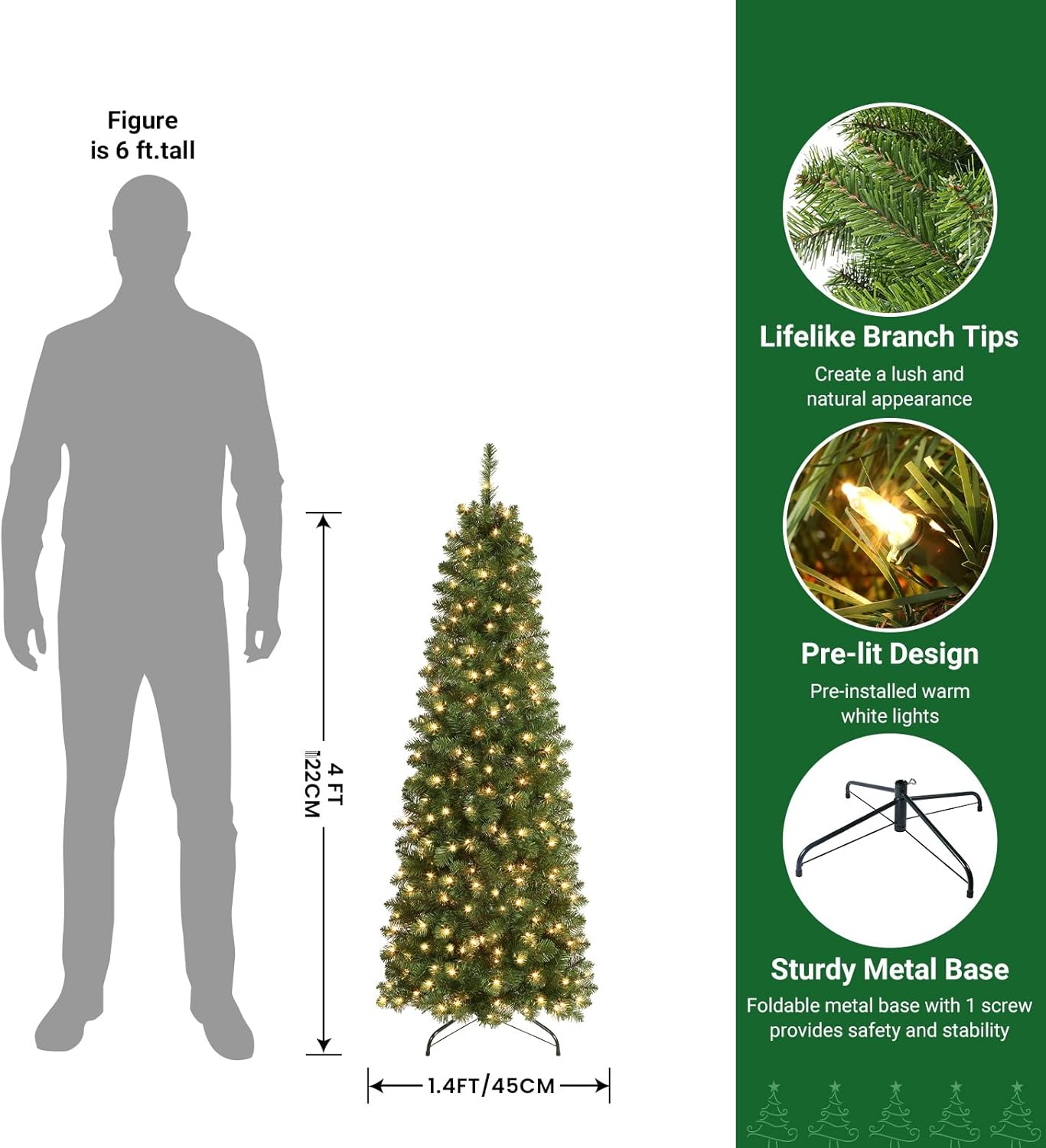 7.5ft Pre-lit Artificial Hinged Slim Pencil Christmas Tree with Warm White Lights, Full Branch Tips - Graceland Home and Living -  - #tag1#