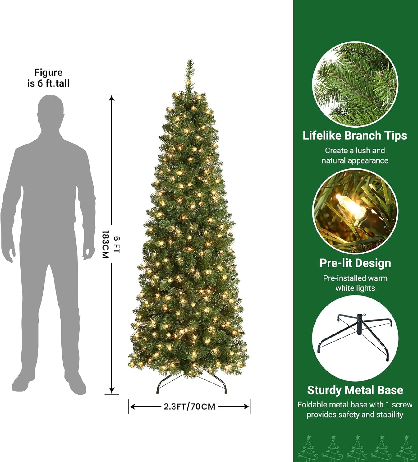 7.5ft Pre-lit Artificial Hinged Slim Pencil Christmas Tree with Warm White Lights, Full Branch Tips - Graceland Home and Living -  - #tag1#