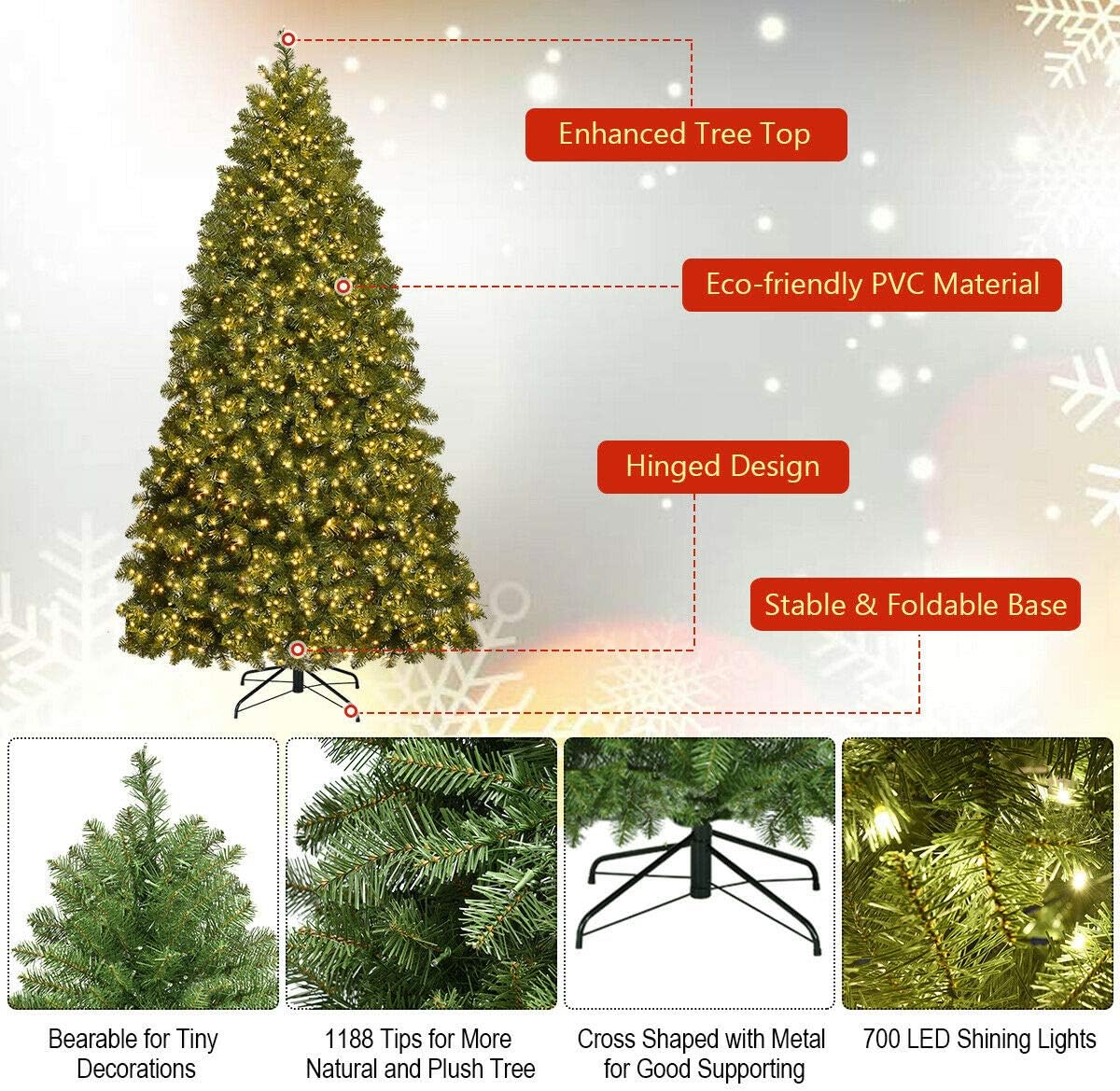 7FT Pre-lit Christmas Tree with 700 Warm White LED Light, Metal Stand, Hinged Spruce Xmas Tree Holiday Indoor Decor - Graceland Home and Living -  