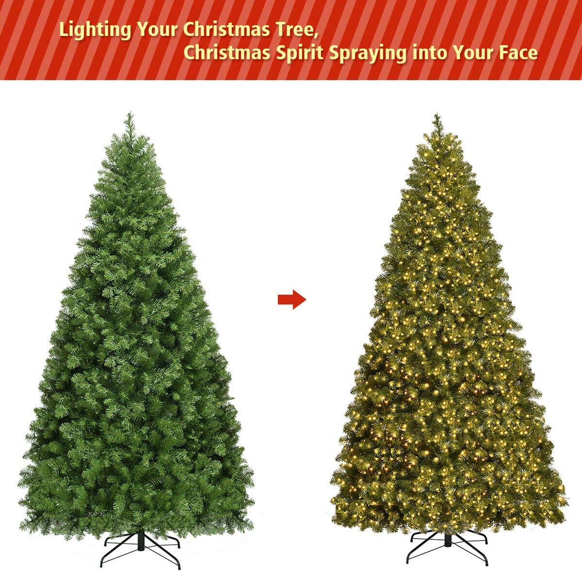 7FT Pre-lit Christmas Tree with 700 Warm White LED Light, Metal Stand, Hinged Spruce Xmas Tree Holiday Indoor Decor - Graceland Home and Living -  - #tag1#