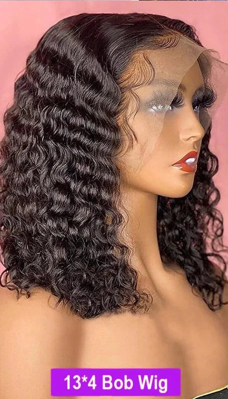 Deep Wave 4x4 Lace Wig 100% Human Virgin Hair Short Bob Wigs 13x4 Transparent Lace Frontal Wig Pre Plucked