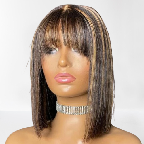 Straight Hair Short Bob Lace Wigs 100% Human Hair Wigs With Bangs #4/27 Natural Brown Middle Part Bob Lace Wigs