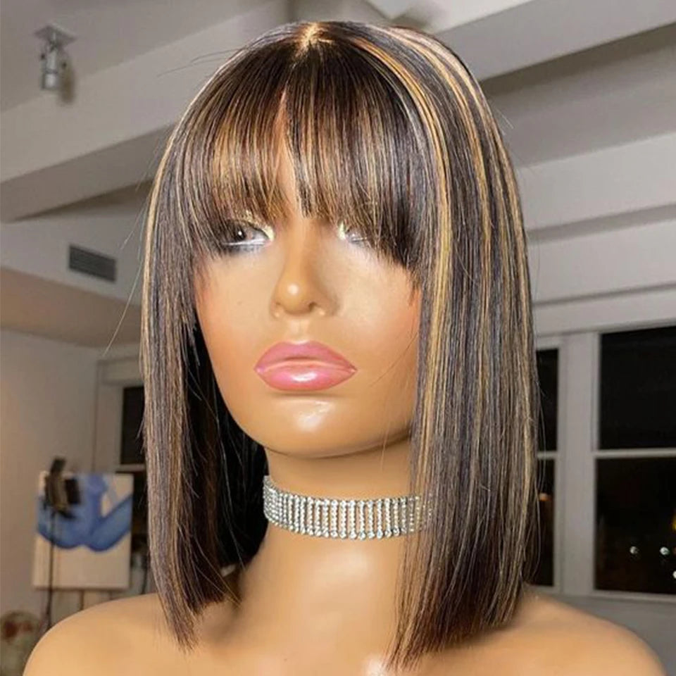 Straight Hair Short Bob Lace Wigs 100% Human Hair Wigs With Bangs #4/27 Natural Brown Middle Part Bob Lace Wigs