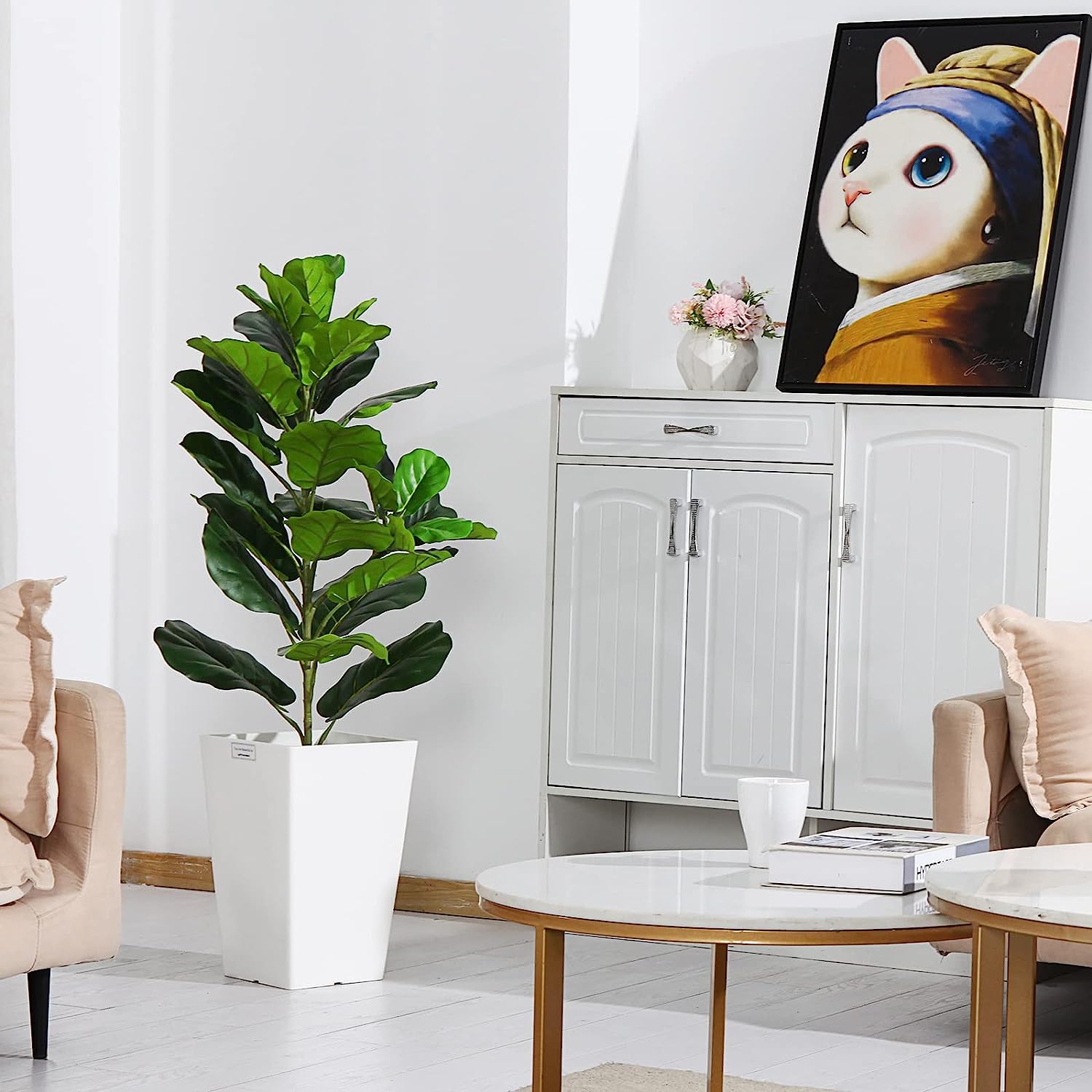 Artificial 39inch Fiddle Leaf tree, with 32 Leaves in Pot and Woven Seagrass Belly Basket Graceland Home and Living