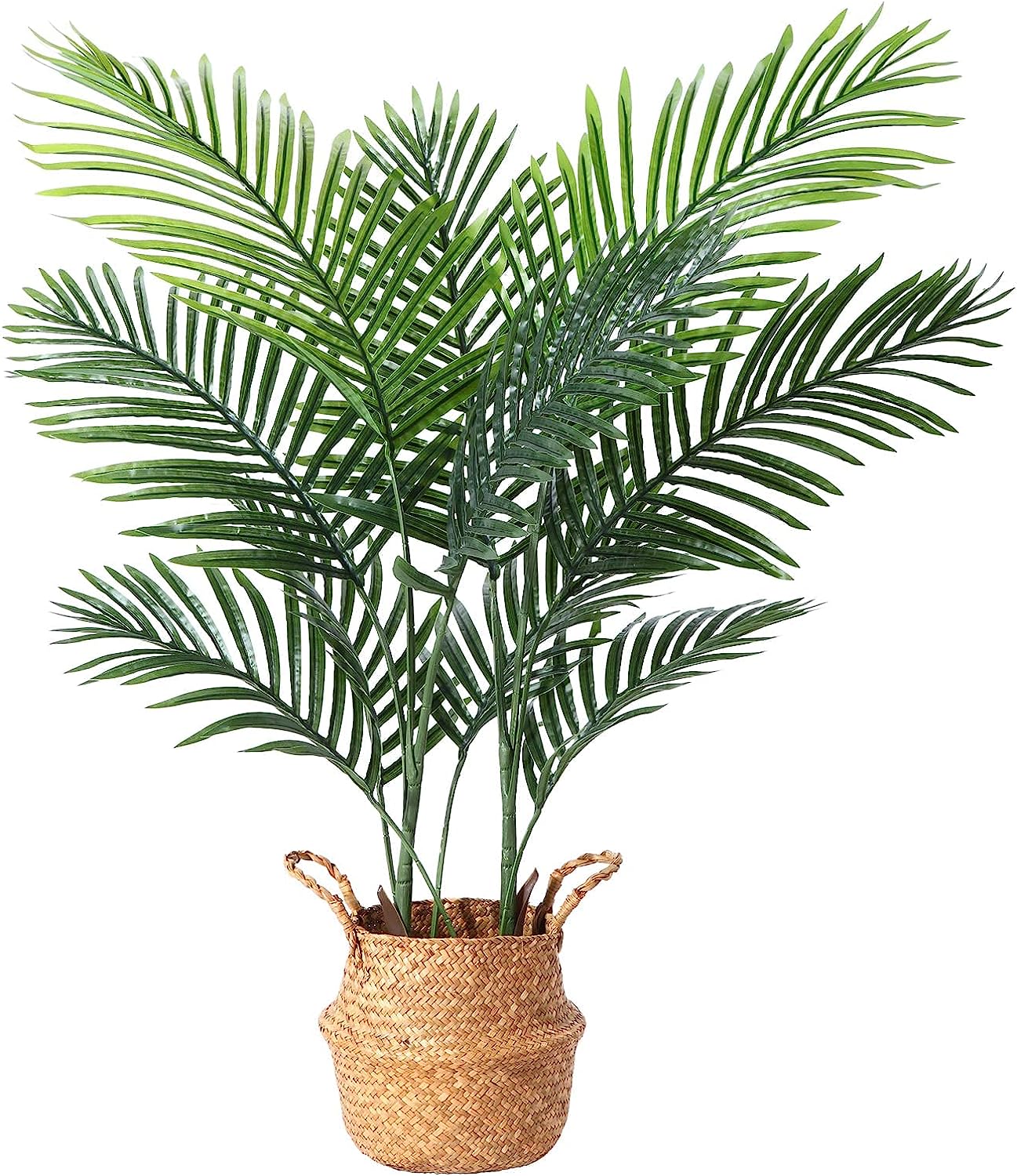 Artificial Areca Palm Plants 4.6Ft Tree with 15 Trunks in Pot and Woven Seagrass Belly Basket Graceland Home and Living