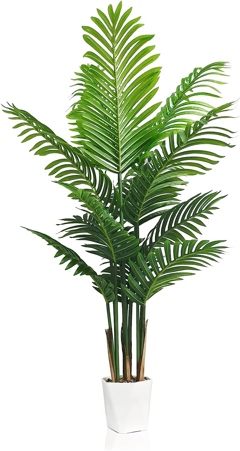 Artificial Areca Palm Tree in Plastic Pot, 4 FT Fake Tropical Palm Silk Tree Potted Graceland Home and Living