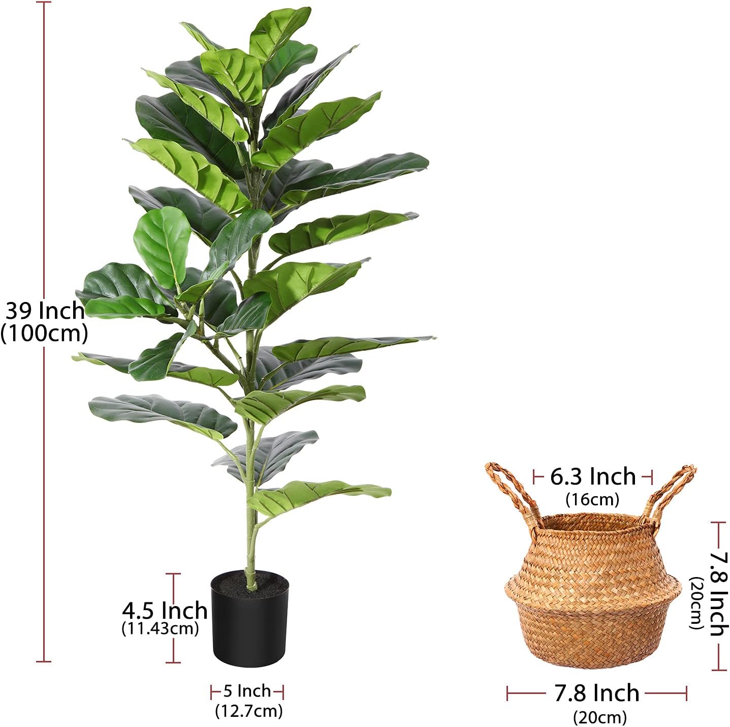 Artificial 39inch Fiddle Leaf tree, with 32 Leaves in Pot and Woven Seagrass Belly Basket - Graceland Home and Living -  - #tag1#
