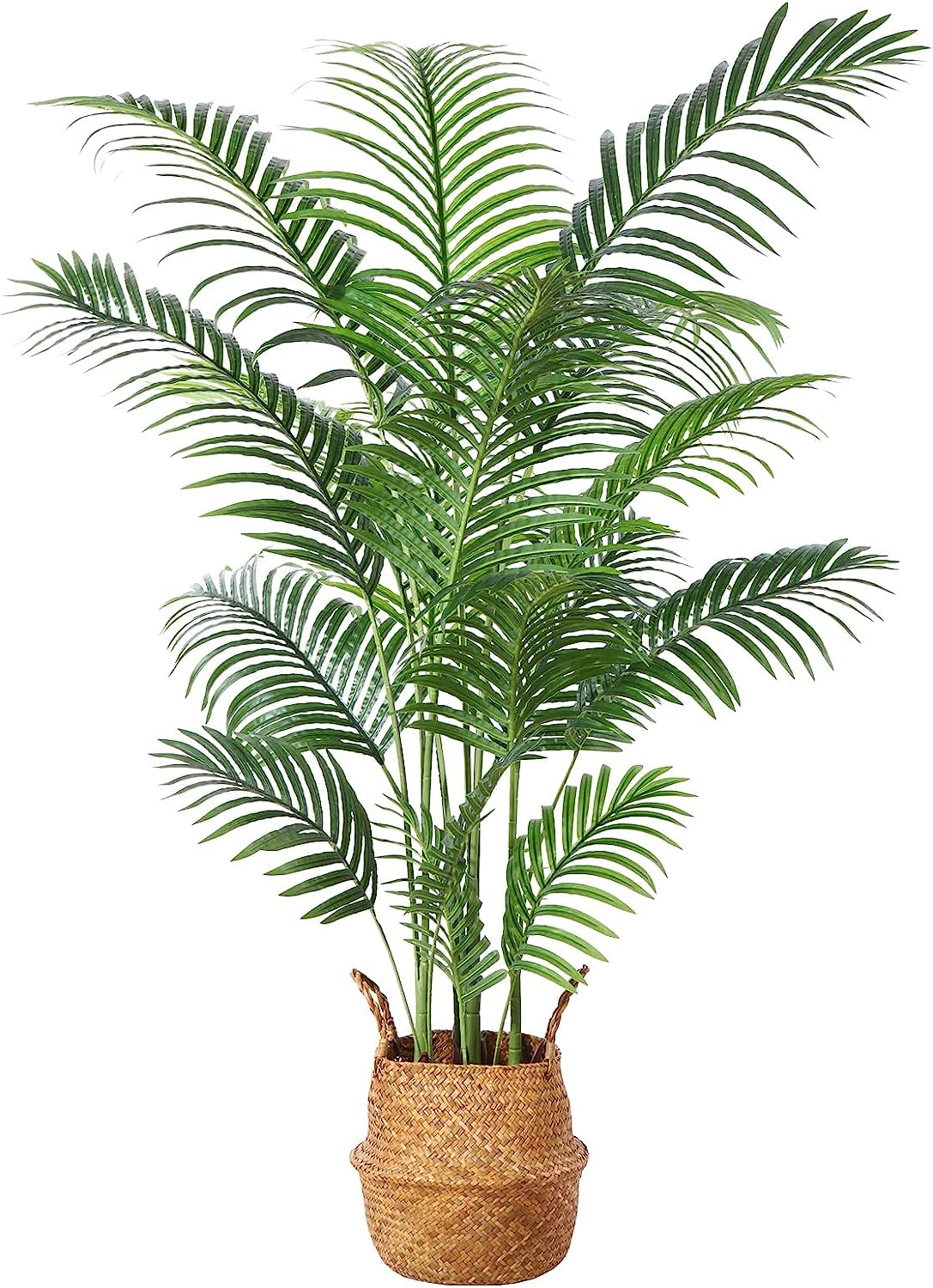 Artificial Areca Palm Plants 4.6Ft Tree with 15 Trunks in Pot and Woven Seagrass Belly Basket - Graceland Home and Living -  - #tag1#