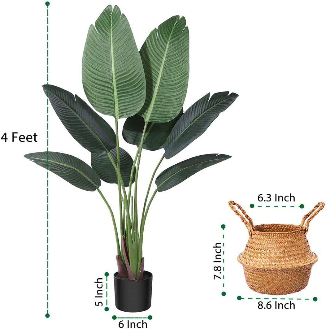 Artificial Bird of Paradise Plants 4 Ft Tropical Tree with 8 Trunks in Pot and Woven Seagrass Belly Basket - Graceland Home and Living -  - #tag1#