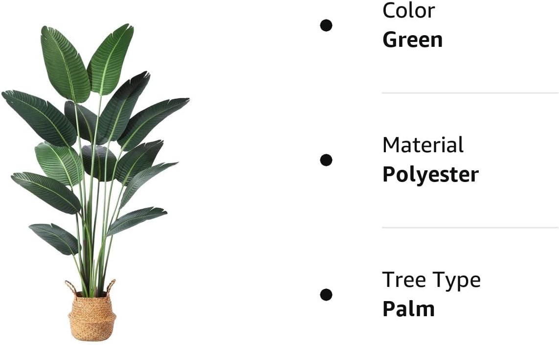 Artificial Bird of Paradise Plants 6 Ft Fake Tropical Palm Tree with 13 Trunks in Pot and Woven Seagrass Belly Basket - Graceland Home and Living -  - #tag1#