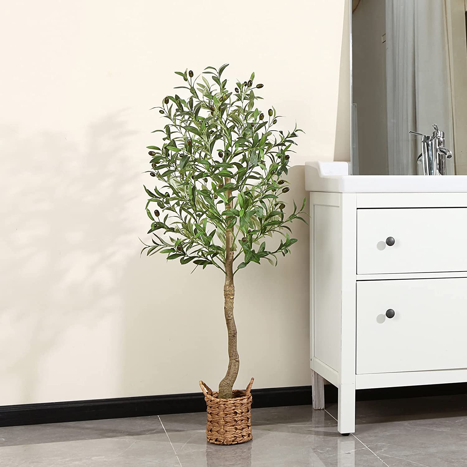 Artificial Olive Tree 4ft Tall Fake Plant, with Handmade Woven Basket Planter. - Graceland Home and Living -  
