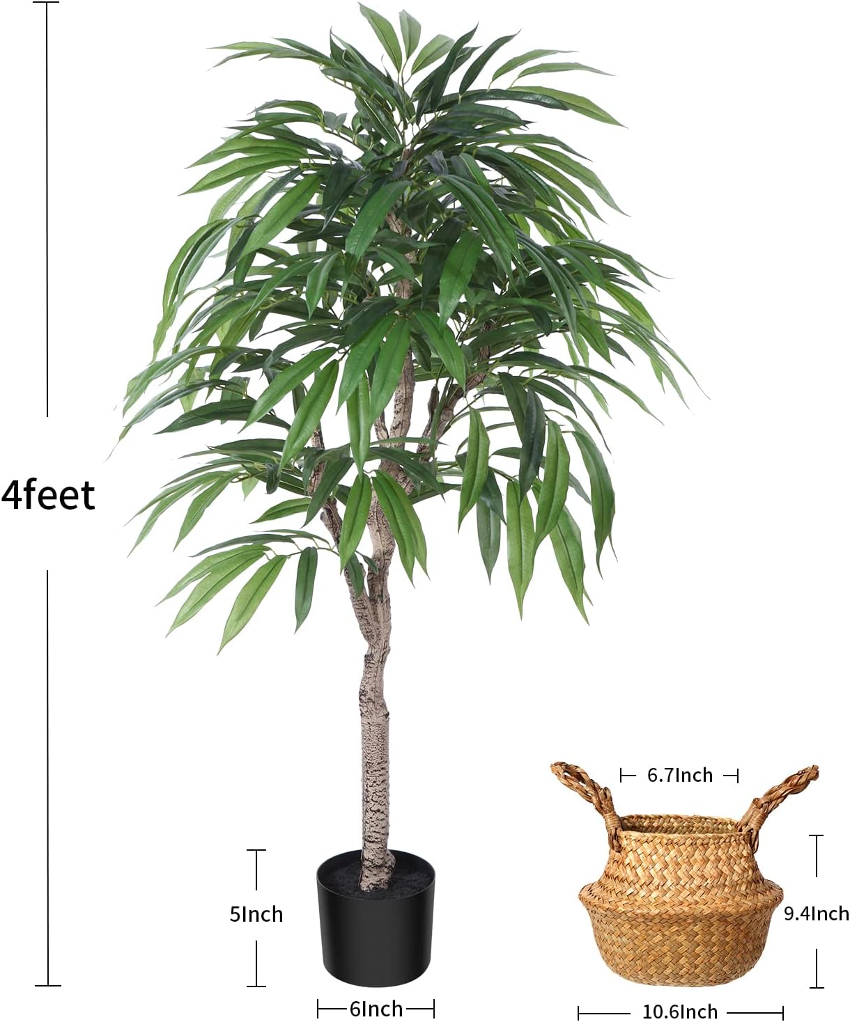Artificial Slim 4Ft Mango Tree, for Indoor Decor - Graceland Home and Living -  - #tag1#
