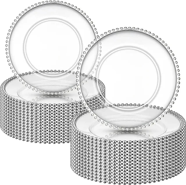 Clear Plastic Charger Plates with Gold Beads Rim - Graceland Home and Living -  