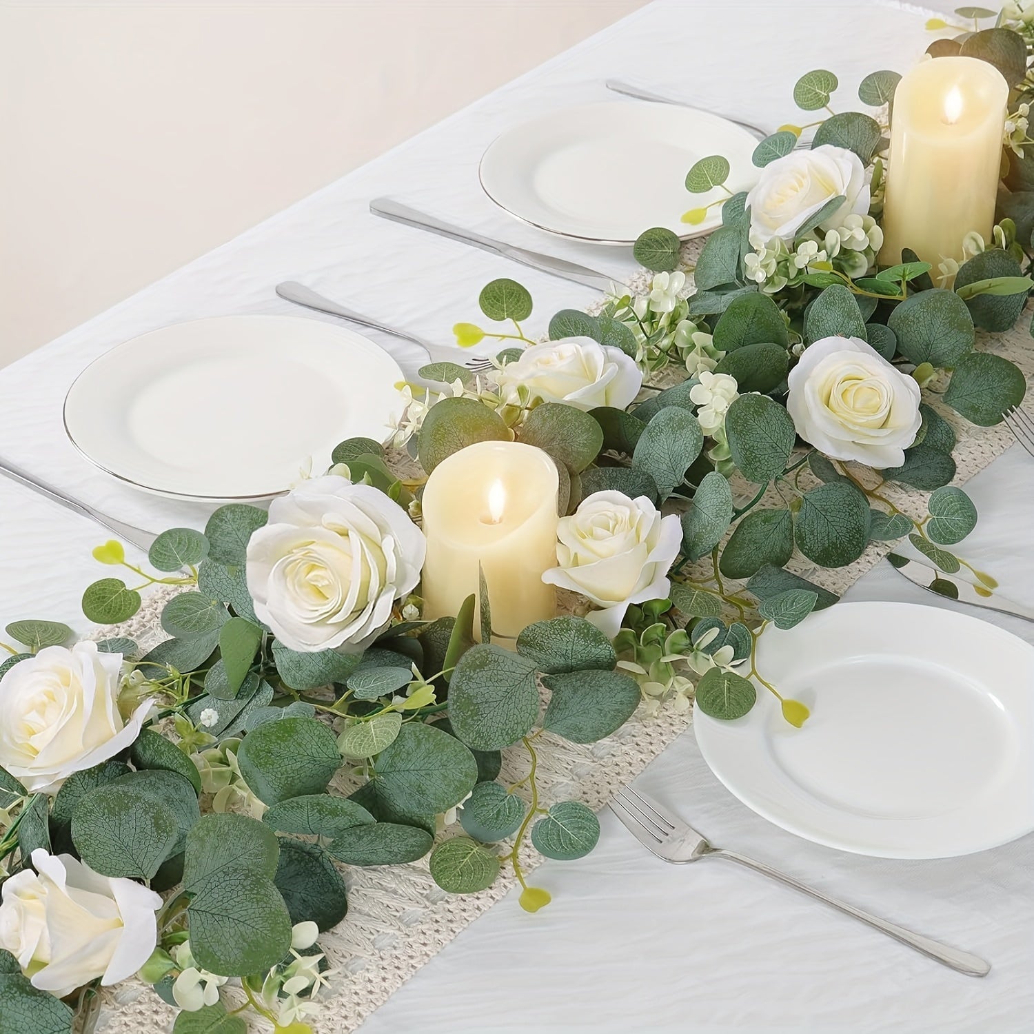 Eucalyptus & White Rose Floral Garland - 1/2/4pcs - Faux Greenery - Graceland Home and Living -  