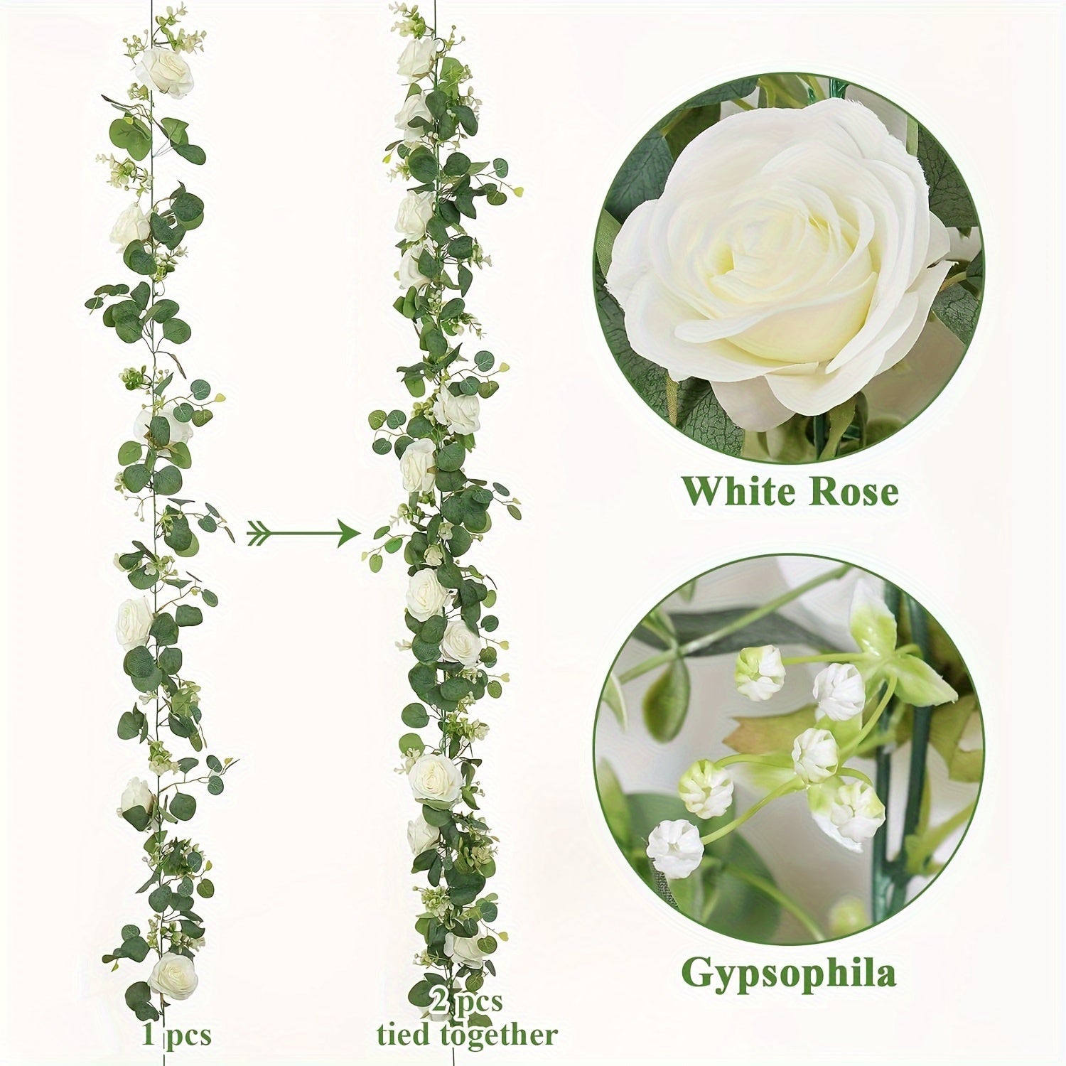 Eucalyptus & White Rose Floral Garland - 1/2/4pcs - Faux Greenery - Graceland Home and Living -  