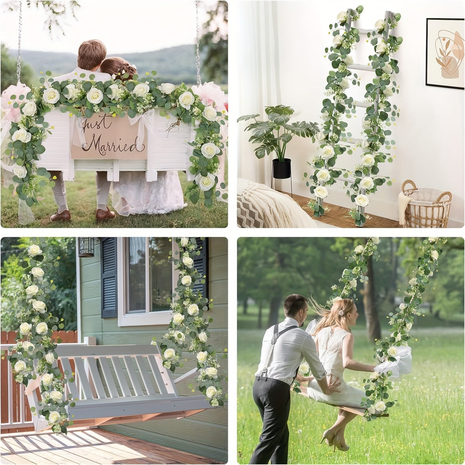 Eucalyptus & White Rose Floral Garland - 1/2/4pcs - Faux Greenery - Graceland Home and Living -  
