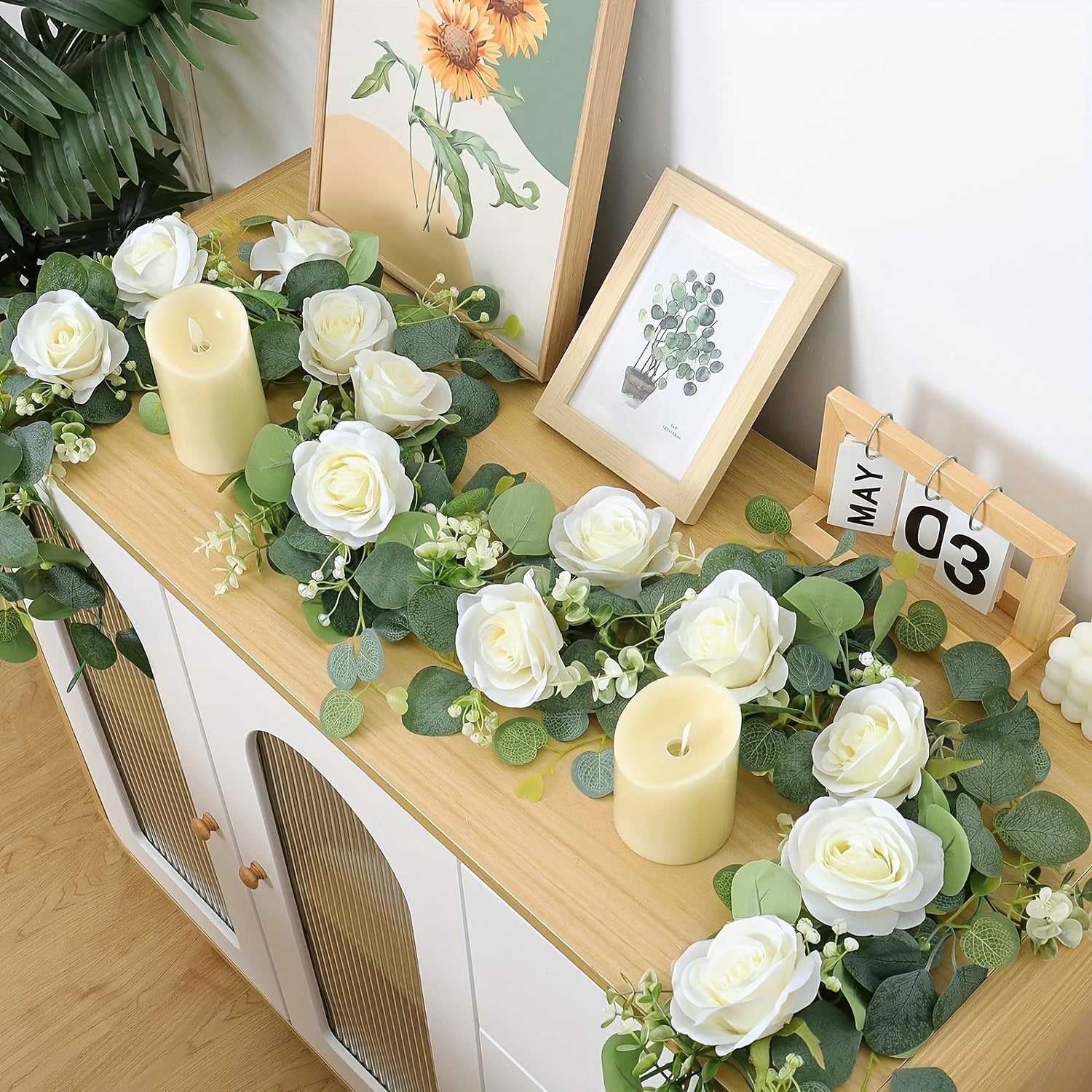 Eucalyptus & White Rose Floral Garland - 1/2/4pcs - Faux Greenery - Graceland Home and Living -  