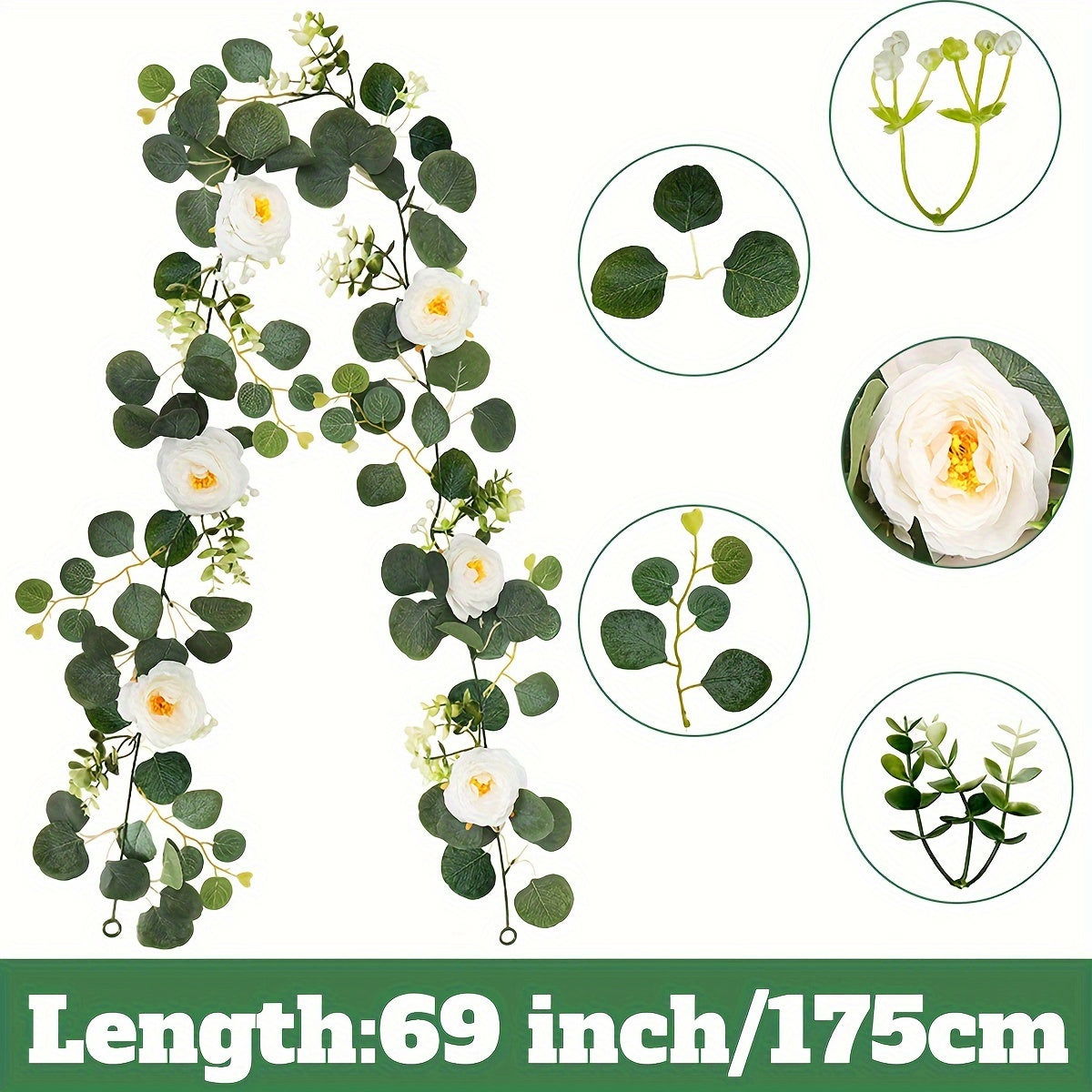 Eucalyptus & White Rose Floral Garland - 1/2/4pcs - Faux Greenery - Graceland Home and Living -  