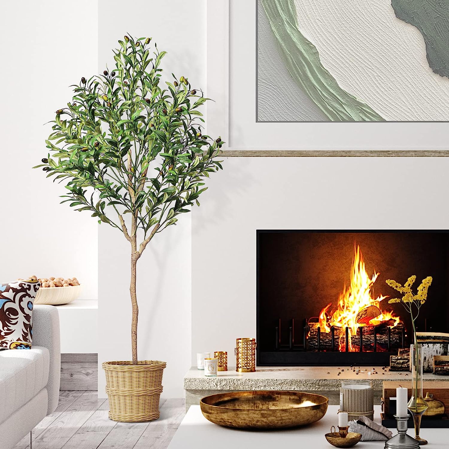 Faux Olive Tree Artificial Indoor 5.3 Feet Tall in Pot with Dried Moss Graceland Home and Living