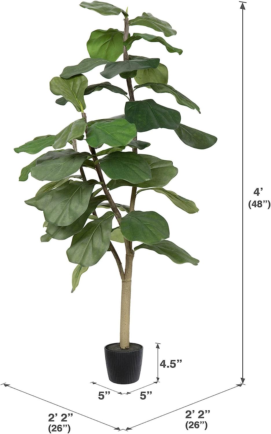 Faux Fiddle Leaf Fig Tree 4ft Tall  with 39 Large Fiddle Leaves - Graceland Home and Living -  