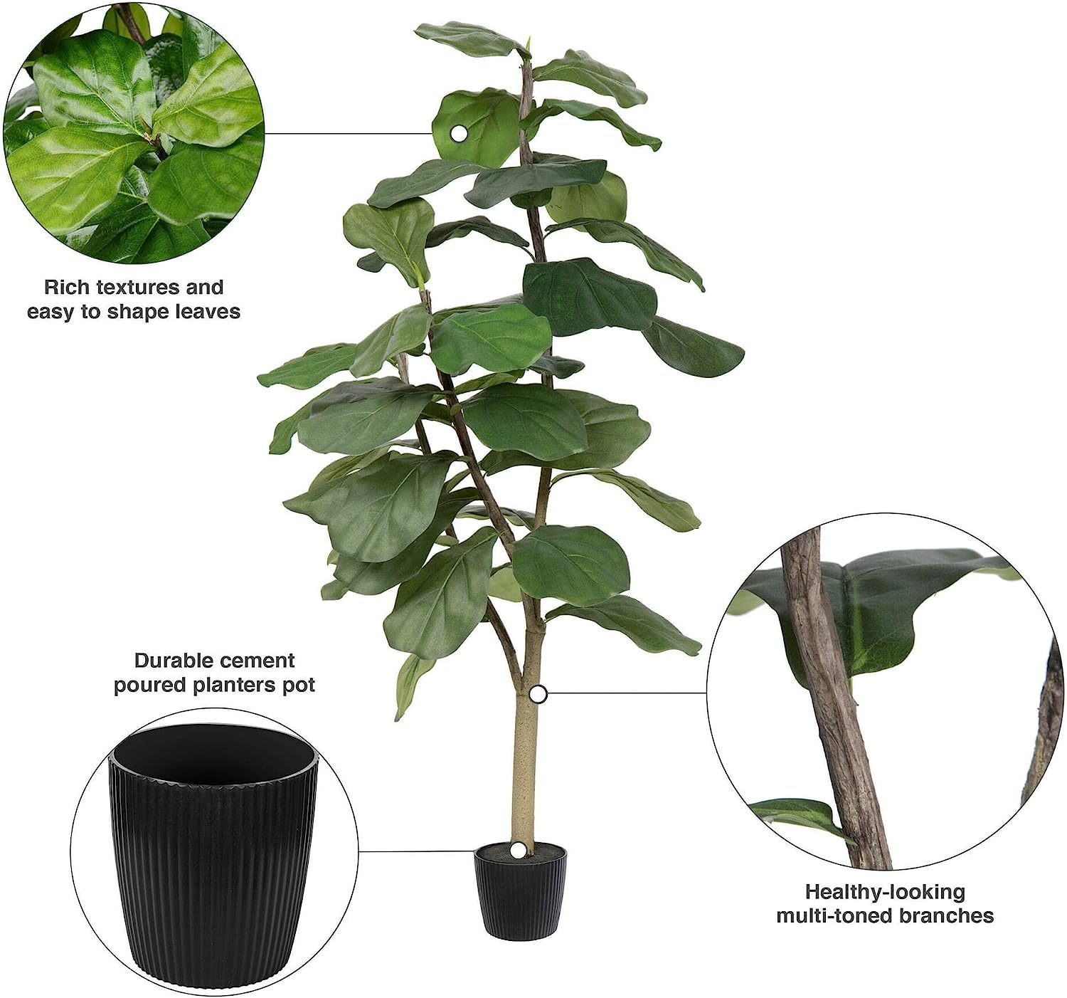Faux Fiddle Leaf Fig Tree 4ft Tall  with 39 Large Fiddle Leaves - Graceland Home and Living -  