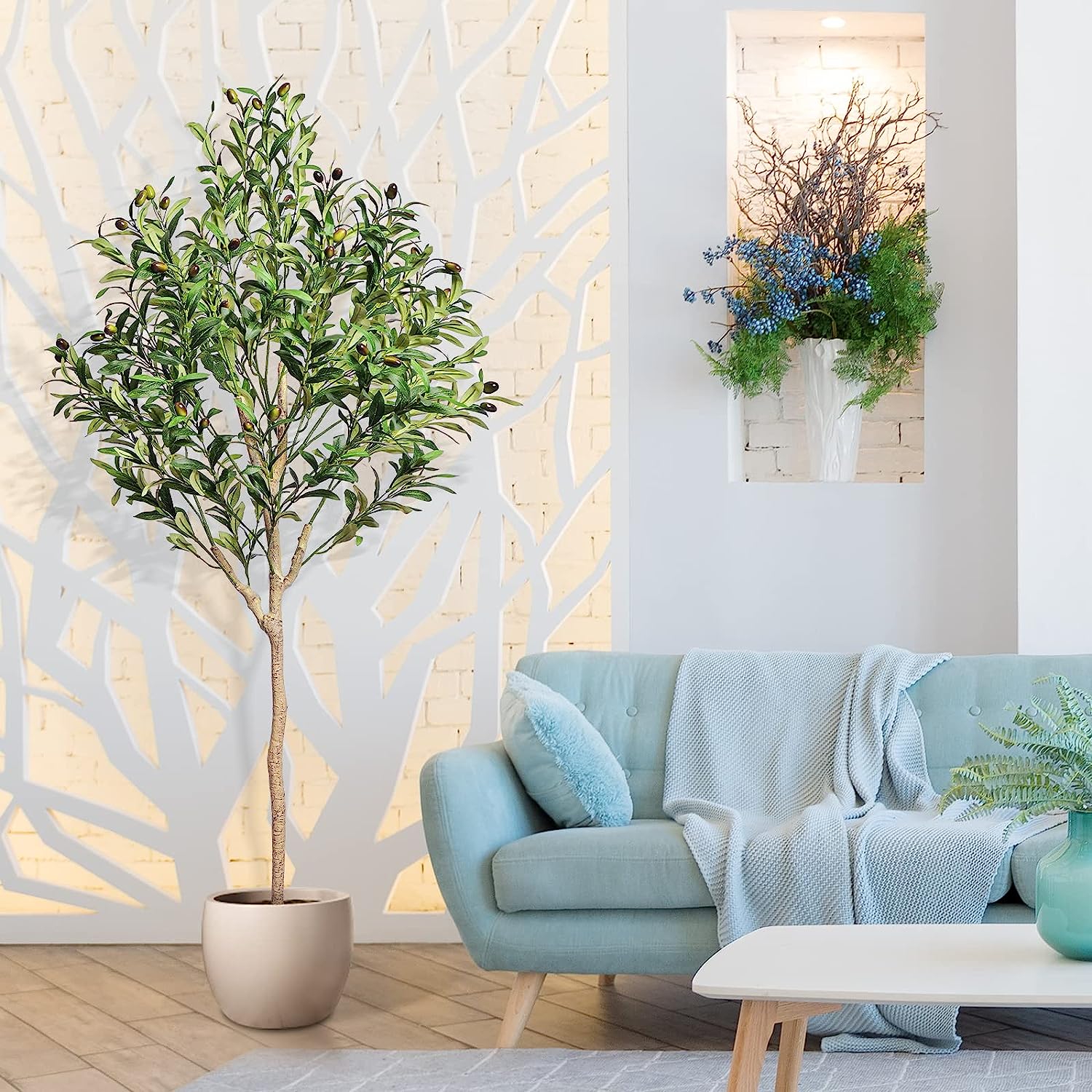 Faux Olive Tree Artificial Indoor 5.3 Feet Tall in Pot with Dried Moss - Graceland Home and Living -  
