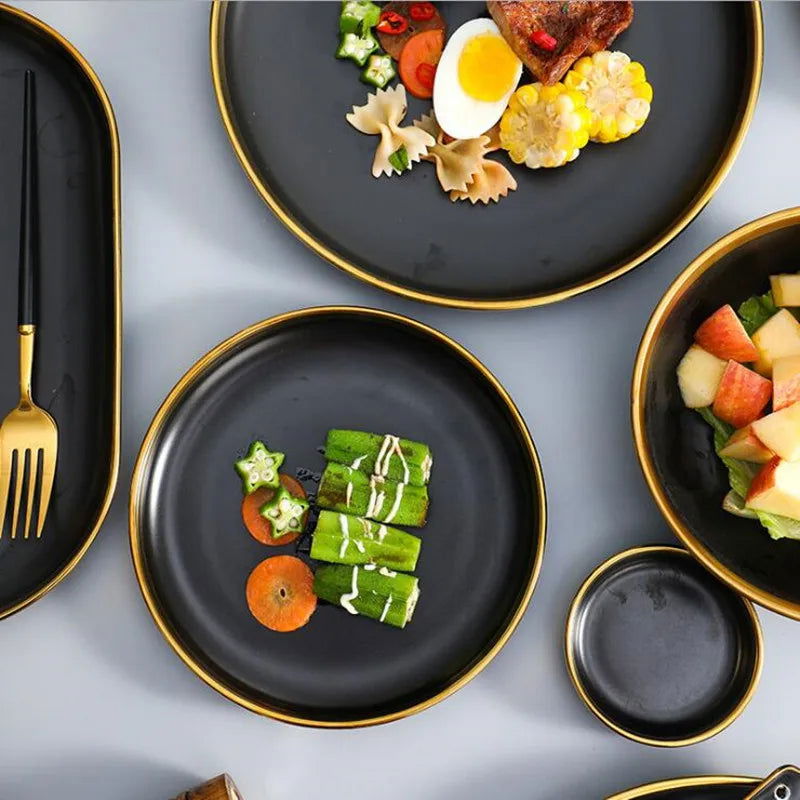 Gold Rim Black Porcelain Dinner Plates - Graceland Home and Living -  