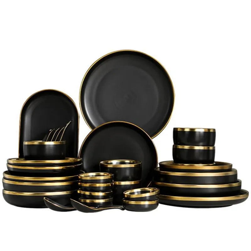 Gold Rim Black Porcelain Dinner Plates - Graceland Home and Living -  
