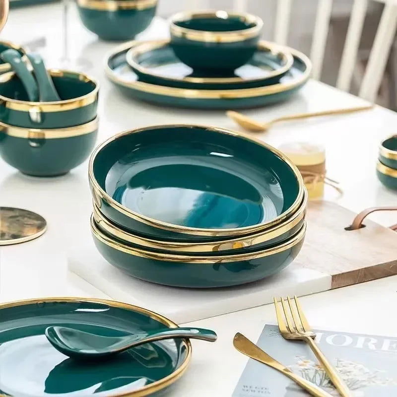Green With Gold Inlay Quality Plates Full Set - Graceland Home and Living -  