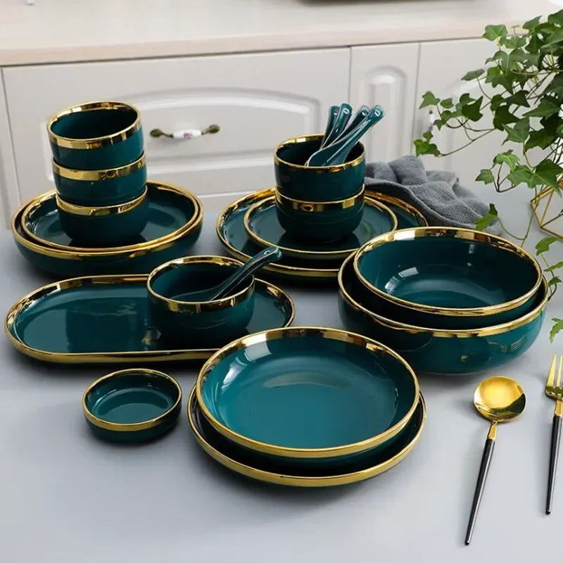 Green With Gold Inlay Quality Plates Full Set - Graceland Home and Living -  