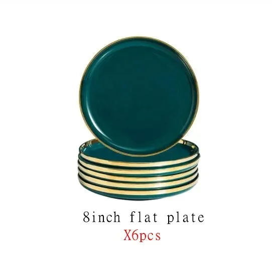Green With Gold Inlay Quality Plates Full Set - Graceland Home and Living -  