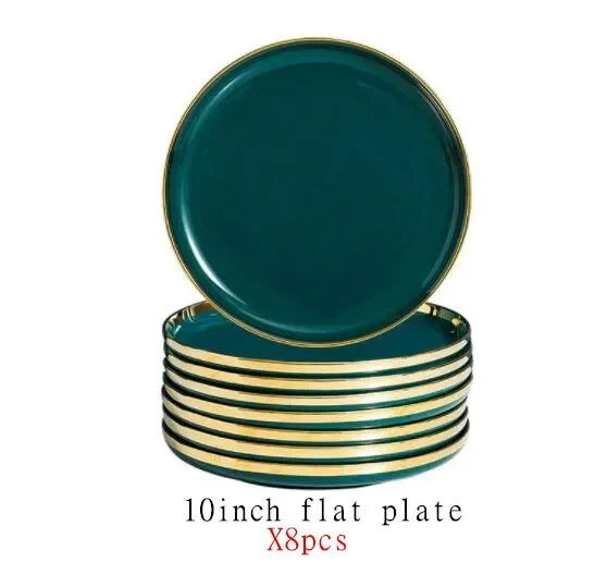 Green With Gold Inlay Quality Plates Full Set - Graceland Home and Living -  