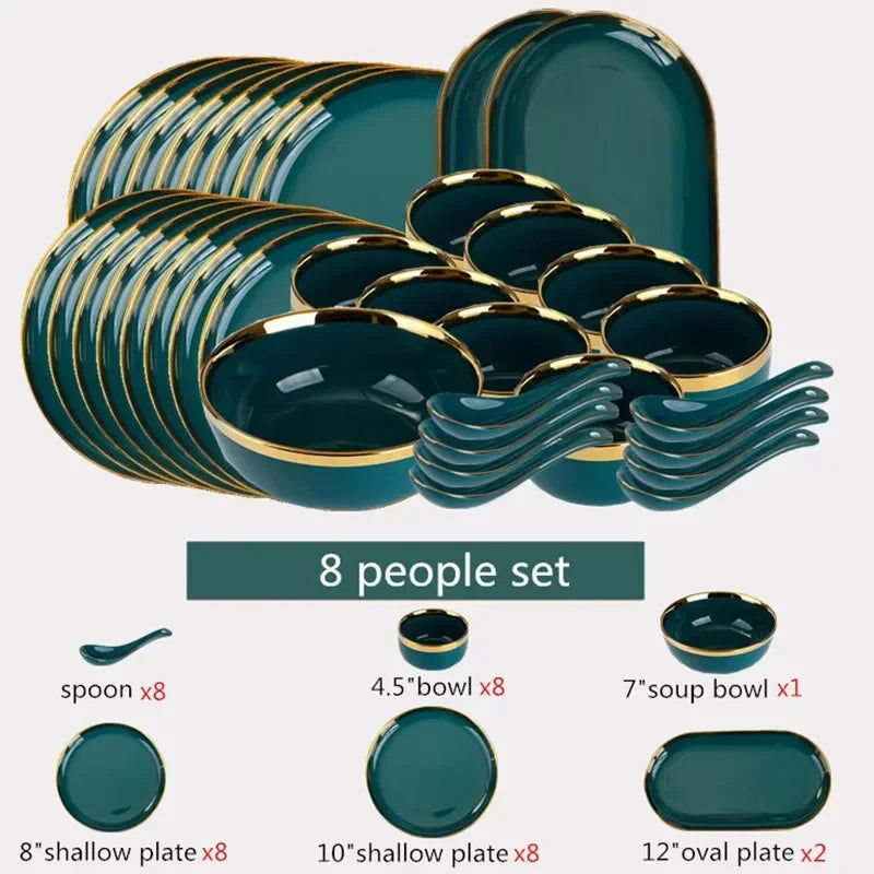 Green With Gold Inlay Quality Plates Full Set - Graceland Home and Living -  