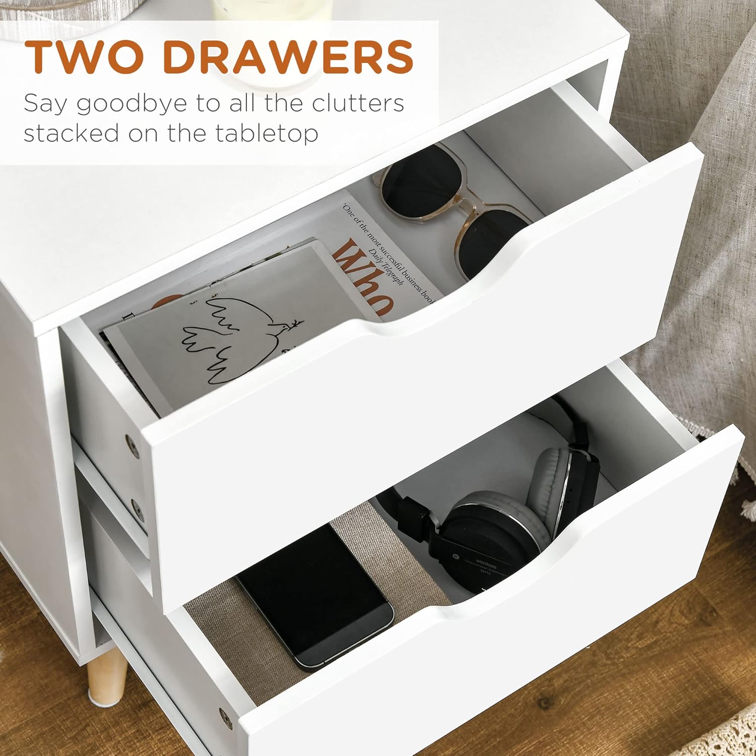 Modern Nightstand, Bedside Table with 2 Drawers, End Table with Wood Legs for Bedroom, White - Graceland Home and Living -  