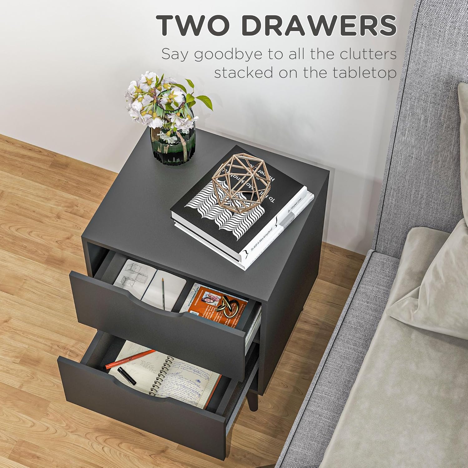 Modern Nightstand, Bedside Table with 2 Drawers, End Table with Wood Legs for Bedroom, White - Graceland Home and Living -  