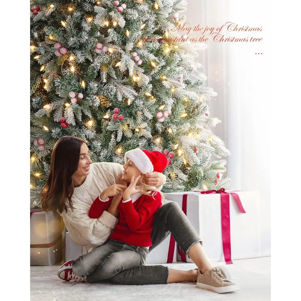 9ft Flocked Christmas Tree , Prelit Christmas Tree with 1000 Lights, with 2255 PVC PE Branch Tips, Hinged Artificial Xmas Trees