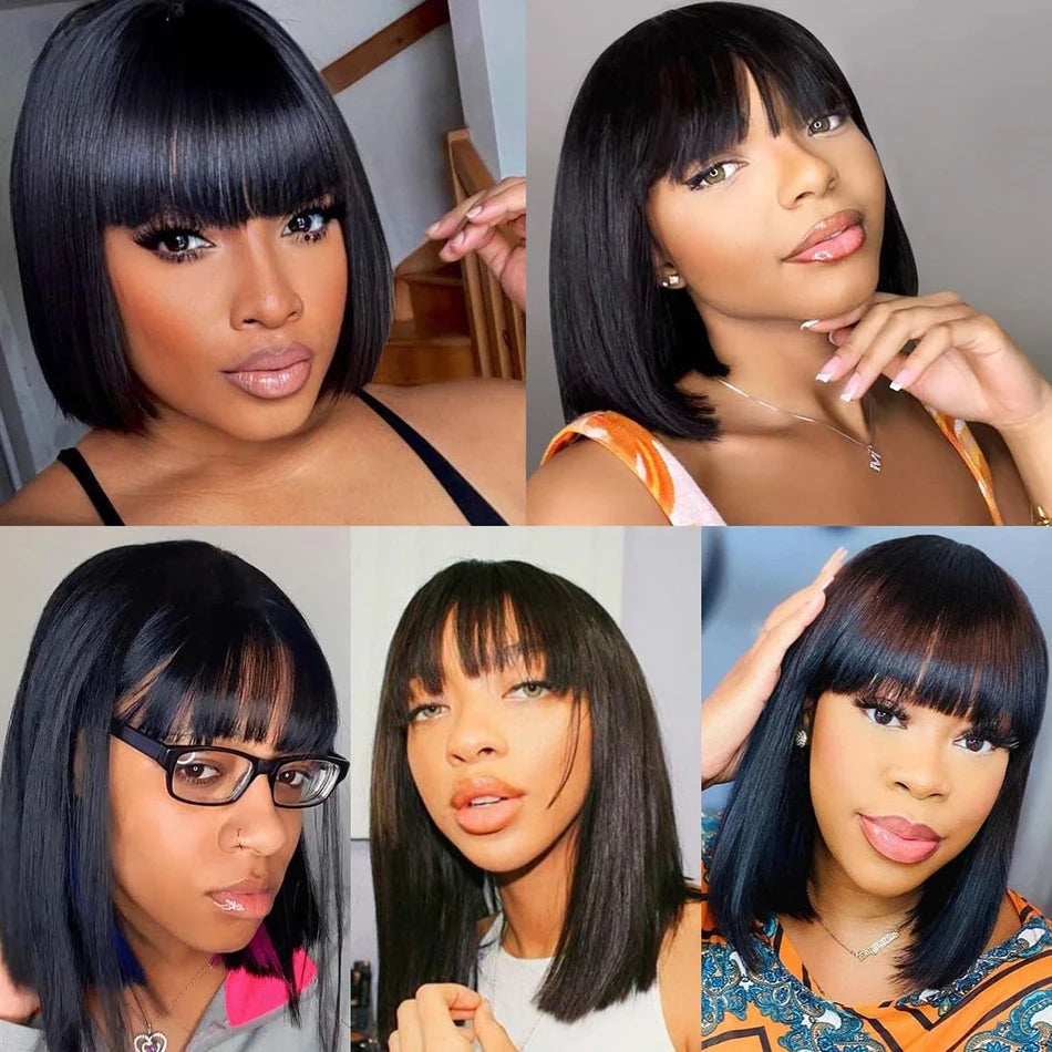 3X1 Middle Part Lace Wig Bob Wigs Full Machine Made Bone Straight Human Hair Wigs With Bangs Short Bob Human Hair Wigs