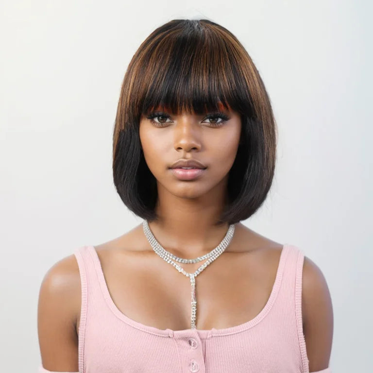 Straight Hair Short Bob Lace Wigs 100% Human Hair Wigs With Bangs #4/27 Natural Brown Middle Part Bob Lace Wigs