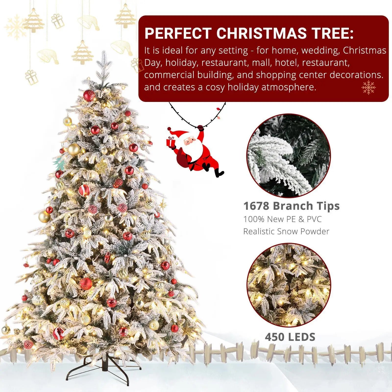7ft Pre-lit Artificial Christmas Tree  Snow Flocked Full Prelighted Xmas Tree with 1687 Branch Tips,450 LED Light 8 Modes