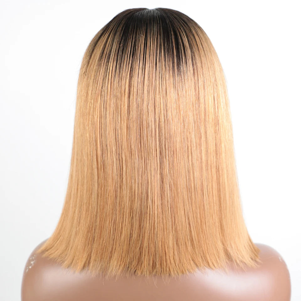 Ombre Gold Blonde Short Straight Bob 13x1 Lace Front 100% Human Hair Wigs