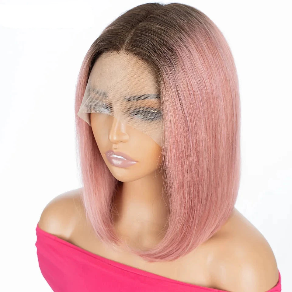 Ombre Gold Blonde Short Straight Bob 13x1 Lace Front 100% Human Hair Wigs