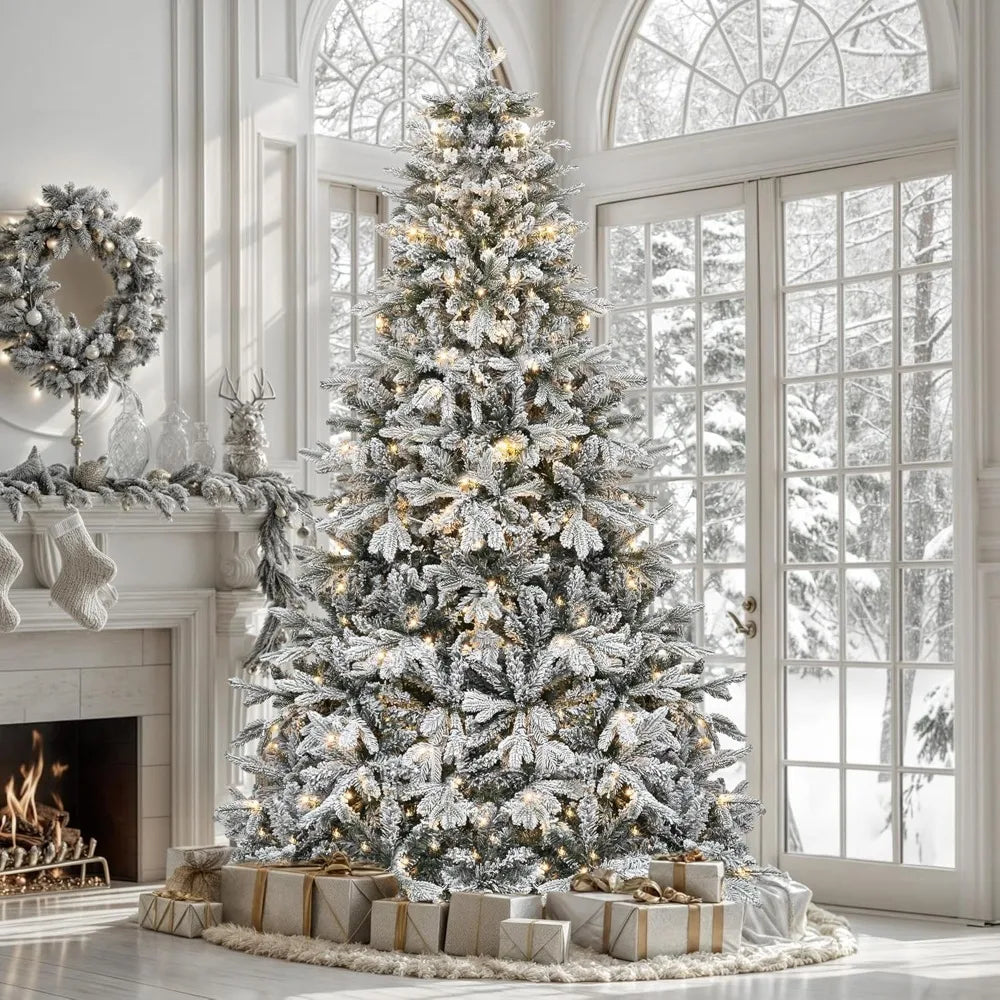 6 FT Pre-Lit Snow Flocked Christmas Tree, Artificial Hinged Canaan Fir Christmas Tree with 1225 PE & PVC Mixed Branch Tips