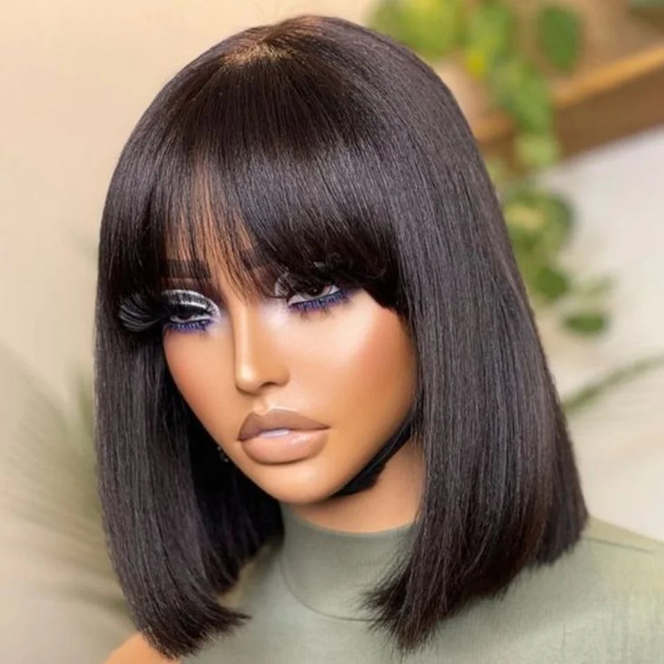Blonde Short BOB 3x1 Lace Glue less Human Hair Wig Ready To Go Brazilian 1b/30 Straight Bob Bone With Bangs