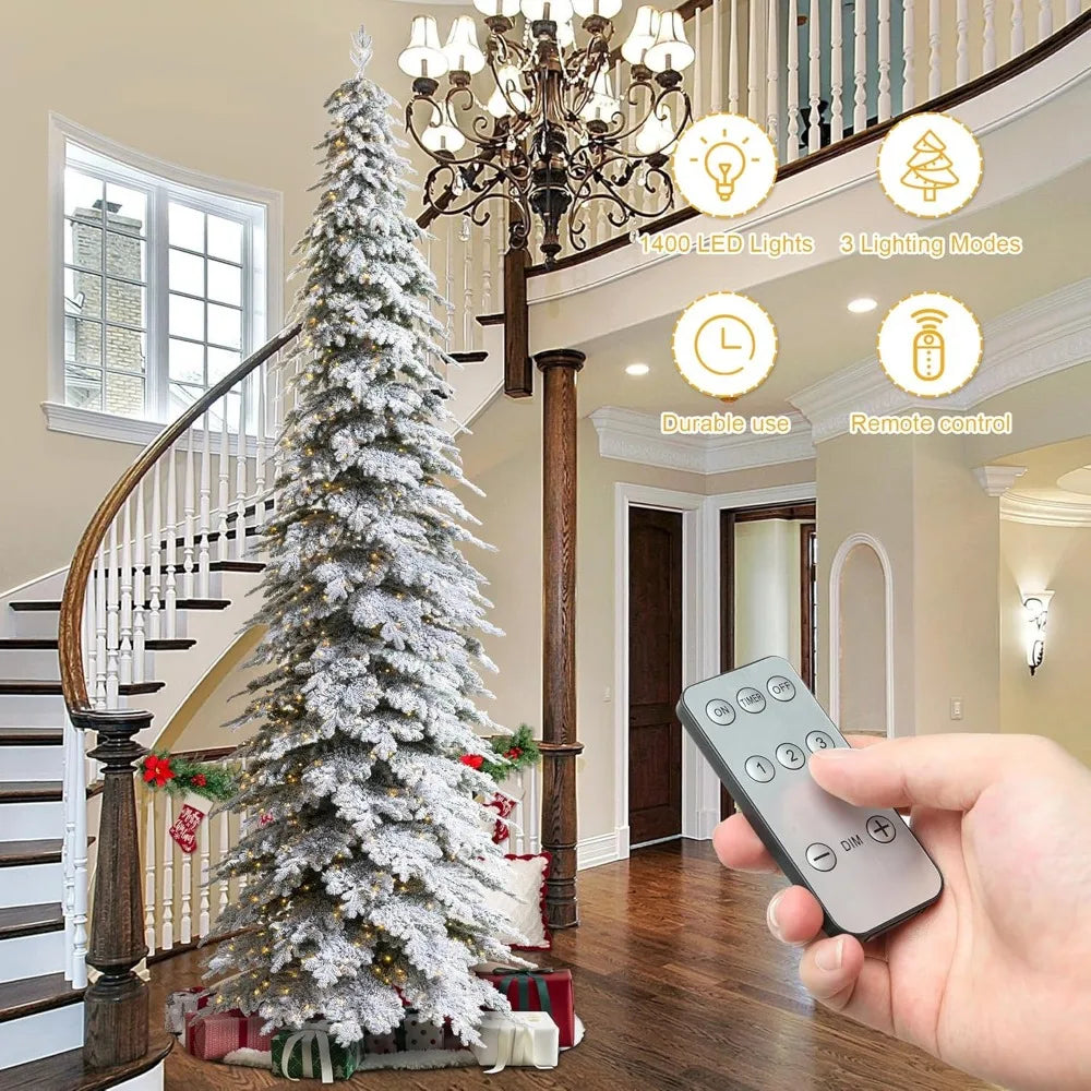15ft Artificial Christmas Tree, Pre-Lit Flocked Pencil Spruce with 1400 Warm White Lights,Christmas Trees