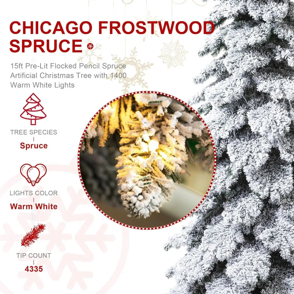 15ft Artificial Christmas Tree, Pre-Lit Flocked Pencil Spruce with 1400 Warm White Lights,Christmas Trees