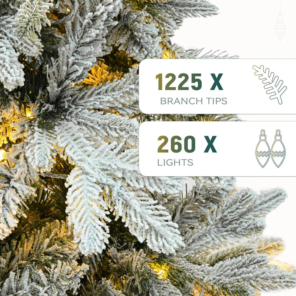 6 FT Pre-Lit Snow Flocked Christmas Tree, Artificial Hinged Canaan Fir Christmas Tree with 1225 PE & PVC Mixed Branch Tips
