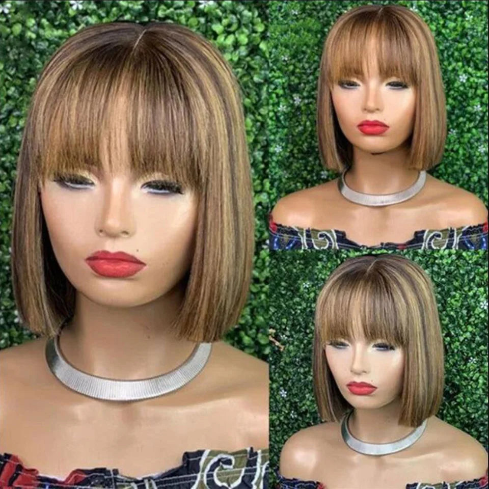 Straight Hair Short Bob Lace Wigs 100% Human Hair Wigs With Bangs #4/27 Natural Brown Middle Part Bob Lace Wigs